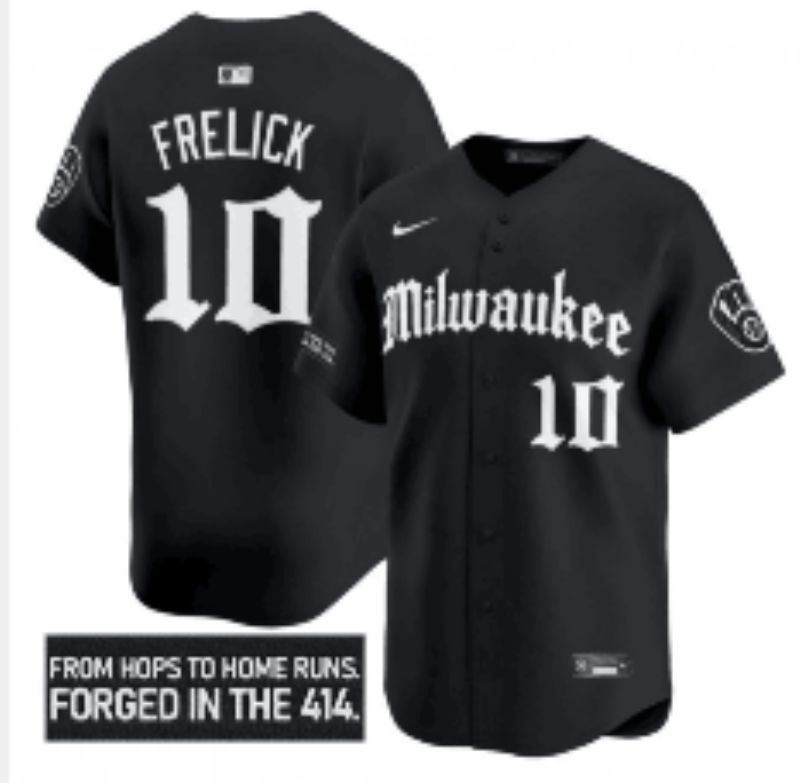Men 2025 Milwaukee Brewers #10 Frelick Black Five generations Joint Name Nike MLB Jersey style 010